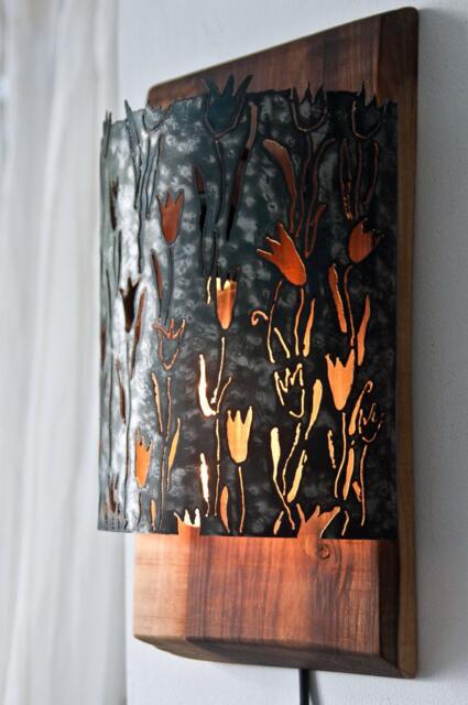 Wood & Metal Art Lamp, Light Sculpture Sconces By The Steel Style Things, Iron Wood Anniversary Gift - image 1
