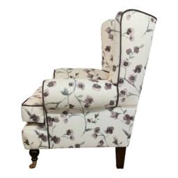 Queen Anne Wingback Chair Floral Print Cottage Style, Brass Castor Legs - thumbnail 3