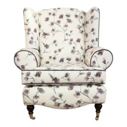 Queen Anne Wingback Chair Floral Print Cottage Style, Brass Castor Legs - thumbnail 2