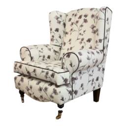 Queen Anne Wingback Chair Floral Print Cottage Style, Brass Castor Legs - thumbnail 1