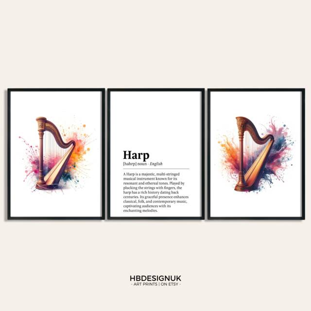 Harp Watercolour Art Print - Set Of 3 Music Artwork - Watercolor Poster Wall Musician Instrument Picture Decor Room Gift - image 1