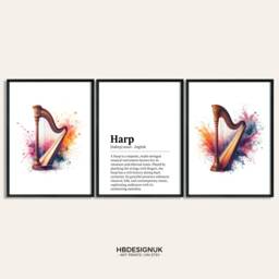 Harp Watercolour Art Print - Set Of 3 Music Artwork - Watercolor Poster Wall Musician Instrument Picture Decor Room Gift - thumbnail 1