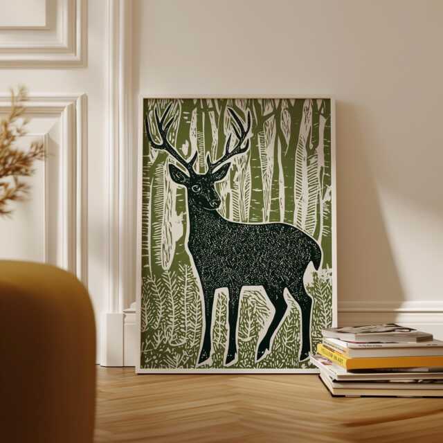 stag in Forest Poster, Japanese Woodblock Art Print - image 1
