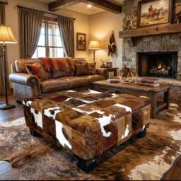 Patchwork Genuine Cowhide Ottoman Coffee Table, Pouf Footstool, Rustic Living Room Decor, Handmade Furniture - Fo - thumbnail 3