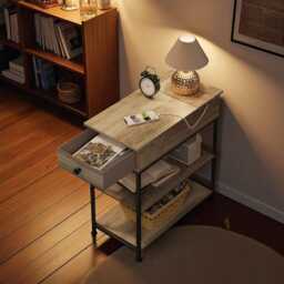 Narrow Side Table With Charging Station - Grey Oak, Rustic Steel Frame, Fabric Drawer - thumbnail 4