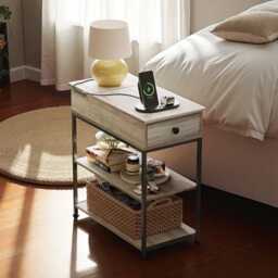 Narrow Side Table With Charging Station - Grey Oak, Rustic Steel Frame, Fabric Drawer - thumbnail 2