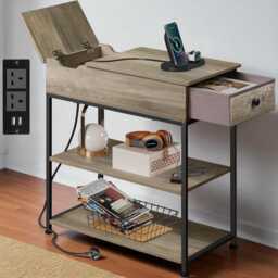 Narrow Side Table With Charging Station - Grey Oak, Rustic Steel Frame, Fabric Drawer