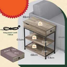 Narrow Side Table With Charging Station - Grey Oak, Rustic Steel Frame, Fabric Drawer - thumbnail 3