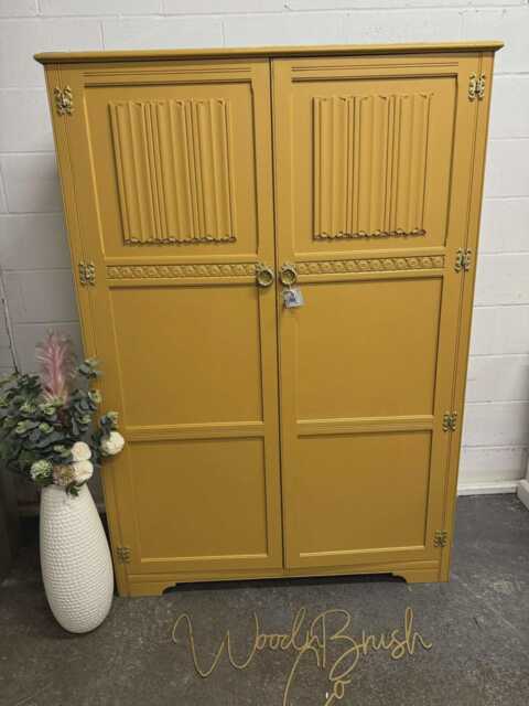 Vintage Old Charm Linenfold Painted Yellow Mustard & Copper Wardrobe - image 1