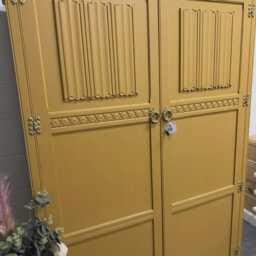 Vintage Old Charm Linenfold Painted Yellow Mustard & Copper Wardrobe - thumbnail 3
