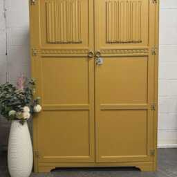 Vintage Old Charm Linenfold Painted Yellow Mustard & Copper Wardrobe - thumbnail 2
