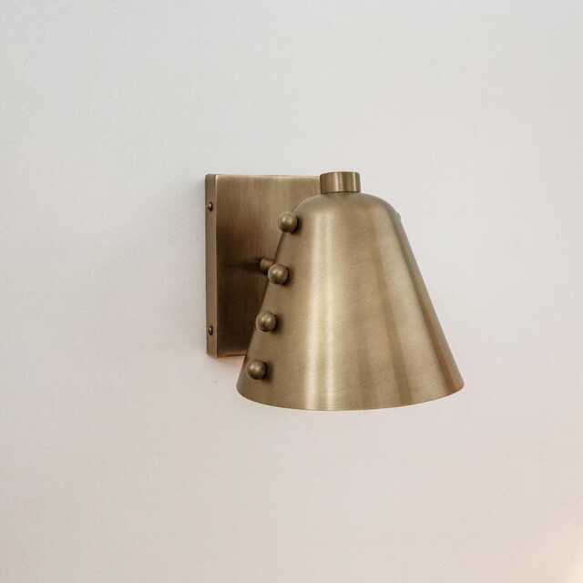 Bold Cone Brass Wall Sconce With Rivet Accents - Handcrafted Mid-Century Design Modern Home Living Lamp - image 1