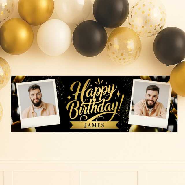 Personalised Birthday Banner With Photos & Name - Black & Gold Classic Party Decoration Custom Happy Sign For Him Or Her - image 1
