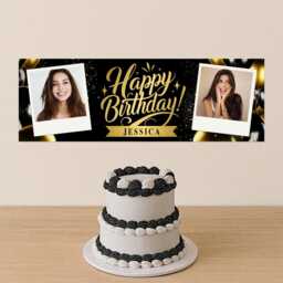 Personalised Birthday Banner With Photos & Name - Black & Gold Classic Party Decoration Custom Happy Sign For Him Or Her - thumbnail 2
