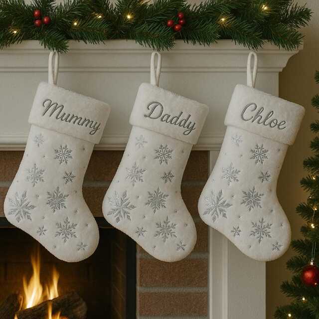Personalised Stockings White Foil Printed Snowflakes Fluffy Christmas Gifts - Night Before Christmas, Eve
