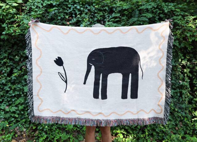 Woven Blanket/Elephant & Tulip Print Black Off-White One Hundred Percent Premium Cotton Multiple Sizes Throw Twin Queen - image 1