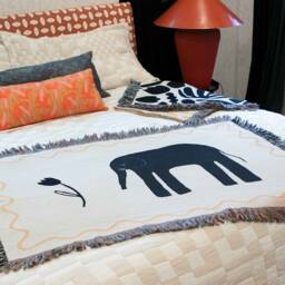 Woven Blanket/Elephant & Tulip Print Black Off-White One Hundred Percent Premium Cotton Multiple Sizes Throw Twin Queen - thumbnail 2