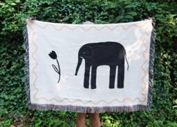 Woven Blanket/Elephant & Tulip Print Black Off-White One Hundred Percent Premium Cotton Multiple Sizes Throw Twin Queen - thumbnail 1