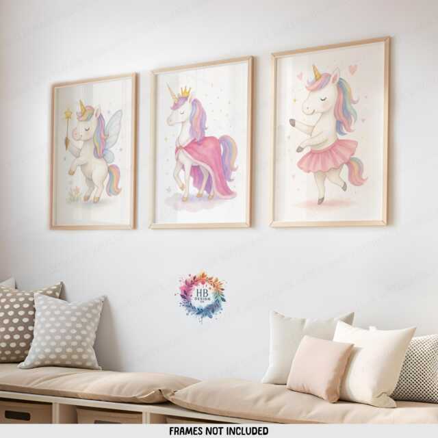 Nursery Unicorn Print Set - 3 Posters - Girls Bedroom Prints Rainbow Unicorns Wall Art Decor - image 1