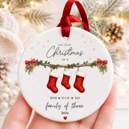 Our First Christmas As A Family Ornament Personalised Of Three Bauble - Ceramic Decoration New Baby & Pet Keepsake Gift - thumbnail 2