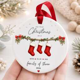 Our First Christmas As A Family Ornament Personalised Of Three Bauble - Ceramic Decoration New Baby & Pet Keepsake Gift - thumbnail 1