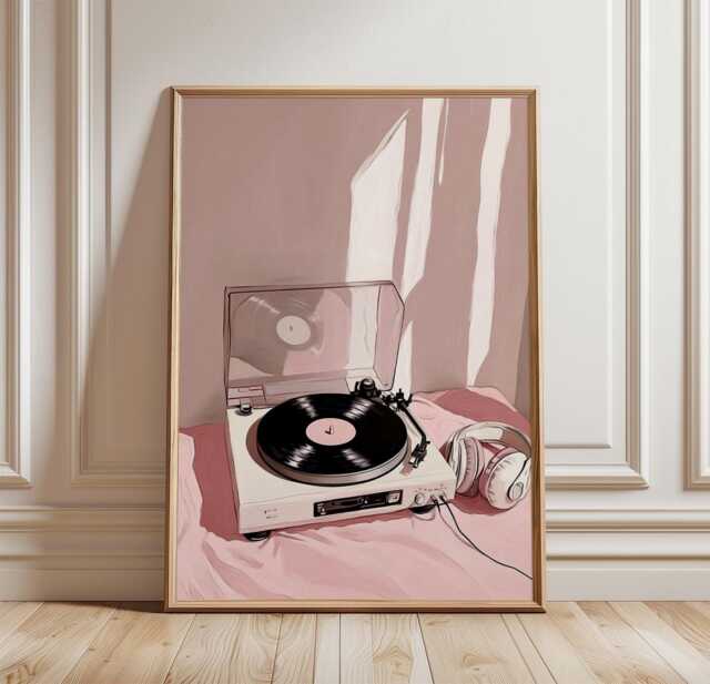 Vinyl Record Player Poster - Retro Music Illustration Print Minimal Pink Audio Wall Art - image 1