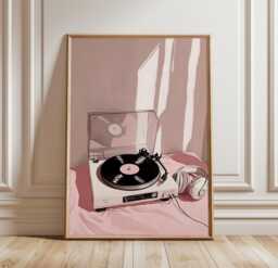 Vinyl Record Player Poster - Retro Music Illustration Print Minimal Pink Audio Wall Art
