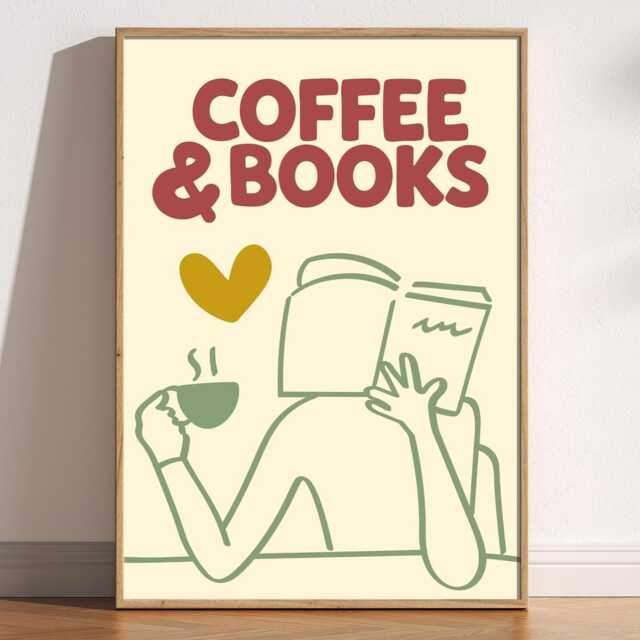 Coffee & Books Print, Cosy Mid Century Modern Wall Art, Book Lover Gift, Aesthetic Trendy Doodle Reading Nook Decor, Kitchen Poster - image 1
