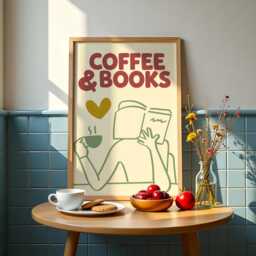Coffee & Books Print, Cosy Mid Century Modern Wall Art, Book Lover Gift, Aesthetic Trendy Doodle Reading Nook Decor, Kitchen Poster - thumbnail 3
