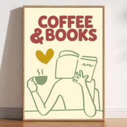 Coffee & Books Print, Cosy Mid Century Modern Wall Art, Book Lover Gift, Aesthetic Trendy Doodle Reading Nook Decor, Kitchen Poster - thumbnail 1