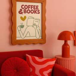 Coffee & Books Print, Cosy Mid Century Modern Wall Art, Book Lover Gift, Aesthetic Trendy Doodle Reading Nook Decor, Kitchen Poster - thumbnail 2