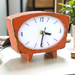 Silent Orange Wooden Desk Clock, Handmade Mid Century Style Table Decor - thumbnail 4