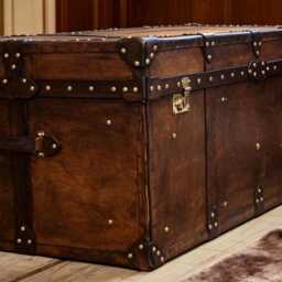 English Artisan Leather Trunk Coffee Table, Steamer Style Storage Chest, Vegetable Tan Brass Box - thumbnail 1