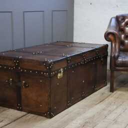 English Artisan Leather Trunk Coffee Table, Steamer Style Storage Chest, Vegetable Tan Brass Box - thumbnail 3