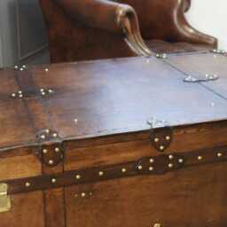 English Artisan Leather Trunk Coffee Table, Steamer Style Storage Chest, Vegetable Tan Brass Box - thumbnail 2