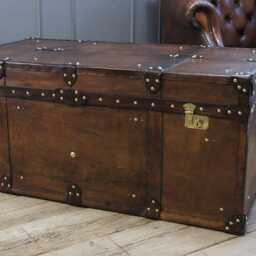 English Artisan Leather Trunk Coffee Table, Steamer Style Storage Chest, Vegetable Tan Brass Box - thumbnail 4