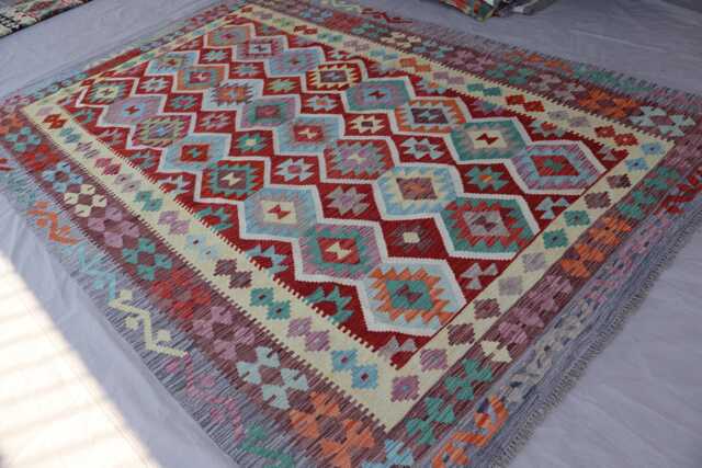7x10 Large Area Rug, Afghan Modern Geometric Kilim Wool Handmade Boho Oriental Turkmen Living Room Bedroom Rug - image 1