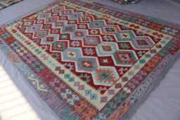 7x10 Large Area Rug, Afghan Modern Geometric Kilim Wool Handmade Boho Oriental Turkmen Living Room Bedroom Rug - thumbnail 1