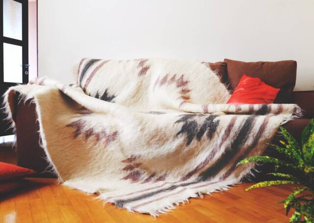 Hand Woven Wool Blanket Aztec Tribal Throw, Shaggy Texture - image 1