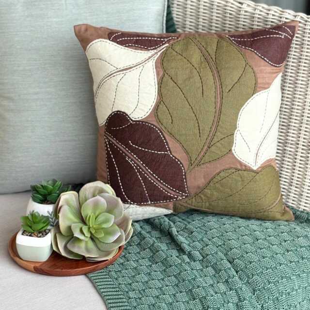 "Brown Faux Suede Applique Leaf Decorative Throw Pillow Cover, 16""x16" - image 1