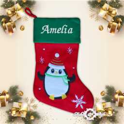 Personalised Christmas Stocking Luxury Embroidered Xmas Stockings Boy Girl Santa Lined Penguin - thumbnail 1