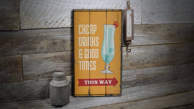 Cheap Drinks Sign, This Way, Come For Here, Drink Fun Wooden Sale Decor, Wall Decor - Old Signs - image 1