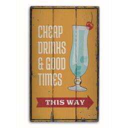 Cheap Drinks Sign, This Way, Come For Here, Drink Fun Wooden Sale Decor, Wall Decor - Old Signs - thumbnail 2