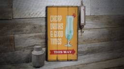 Cheap Drinks Sign, This Way, Come For Here, Drink Fun Wooden Sale Decor, Wall Decor - Old Signs - thumbnail 1