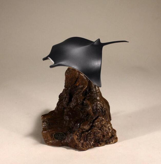 John Perry Manta Ray Sculpture - Pellucida Resin, Burlwood Base - image 1