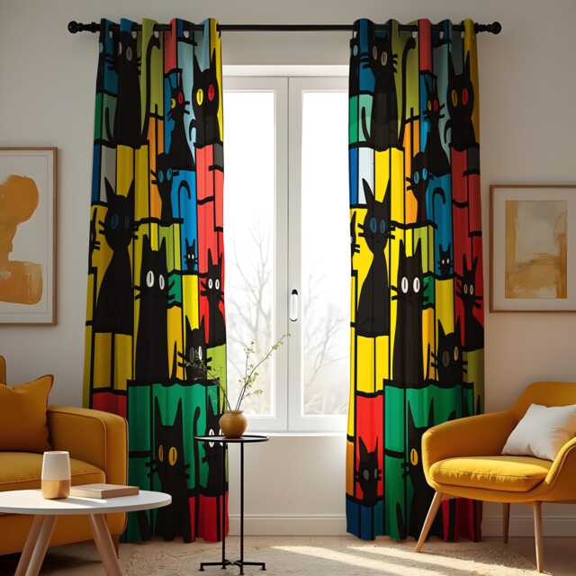 Colorful Cat Pattern Curtain, Bold Black Cats Drape, Fun & Whimsical Green Blocks Window Treatment, Custom Size Available - image 1