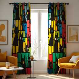 Colorful Cat Pattern Curtain, Bold Black Cats Drape, Fun & Whimsical Green Blocks Window Treatment, Custom Size Available - thumbnail 1