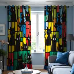 Colorful Cat Pattern Curtain, Bold Black Cats Drape, Fun & Whimsical Green Blocks Window Treatment, Custom Size Available - thumbnail 3