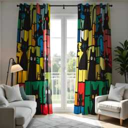 Colorful Cat Pattern Curtain, Bold Black Cats Drape, Fun & Whimsical Green Blocks Window Treatment, Custom Size Available - thumbnail 2