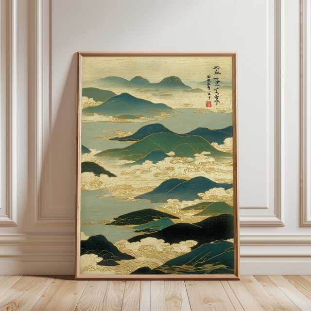 Lake District Landscape Art Print - Teal & Gold Mountain Poster Ukiyo-E Style Wall Decor Japanese Inspired Nature Artwork - image 1